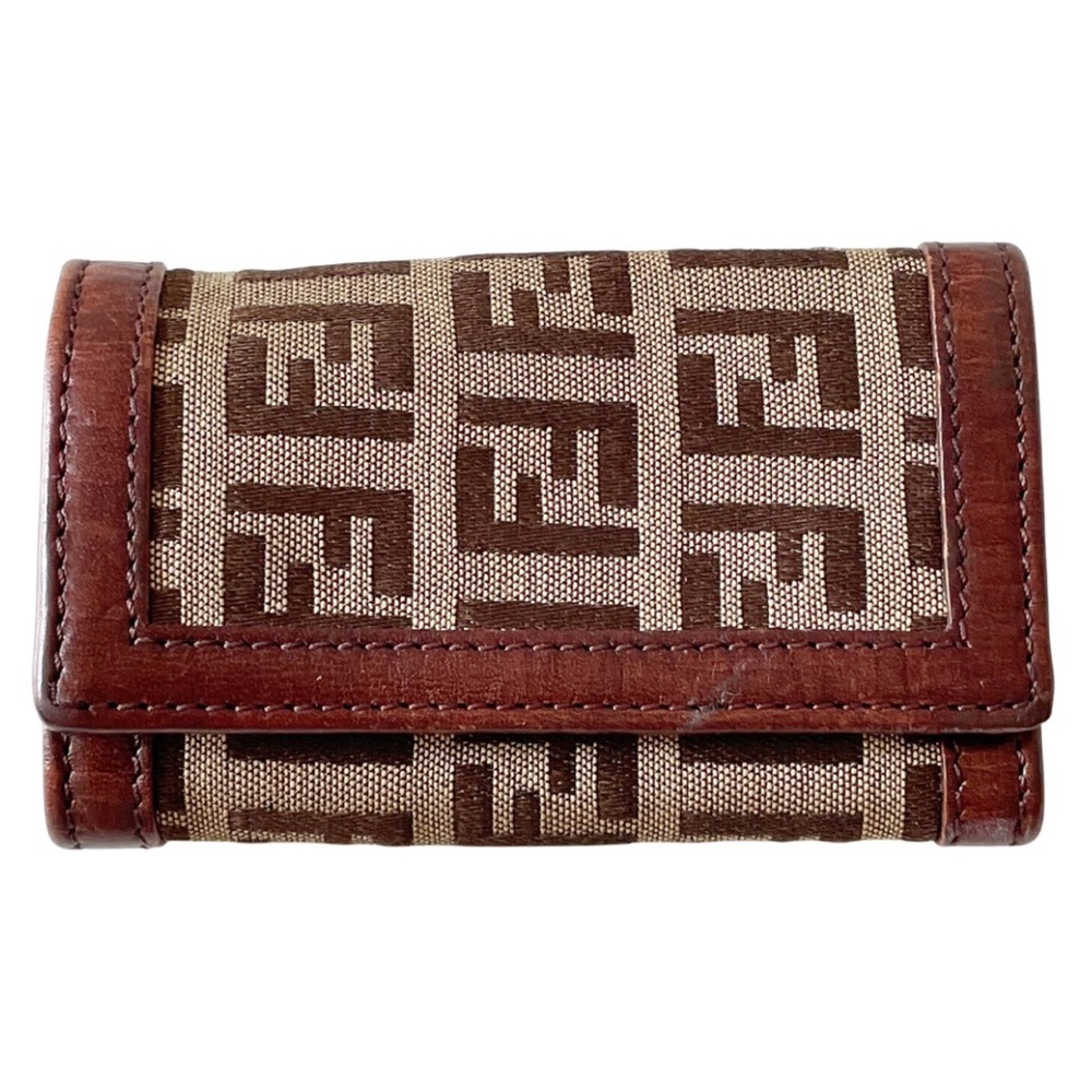 Fendi tan FF monogram canvas brown leather key wallet